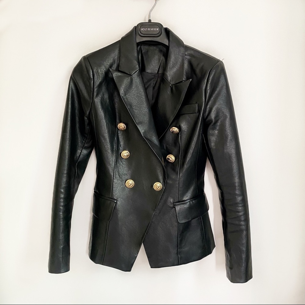 Black leather double breasted jacket balmain style